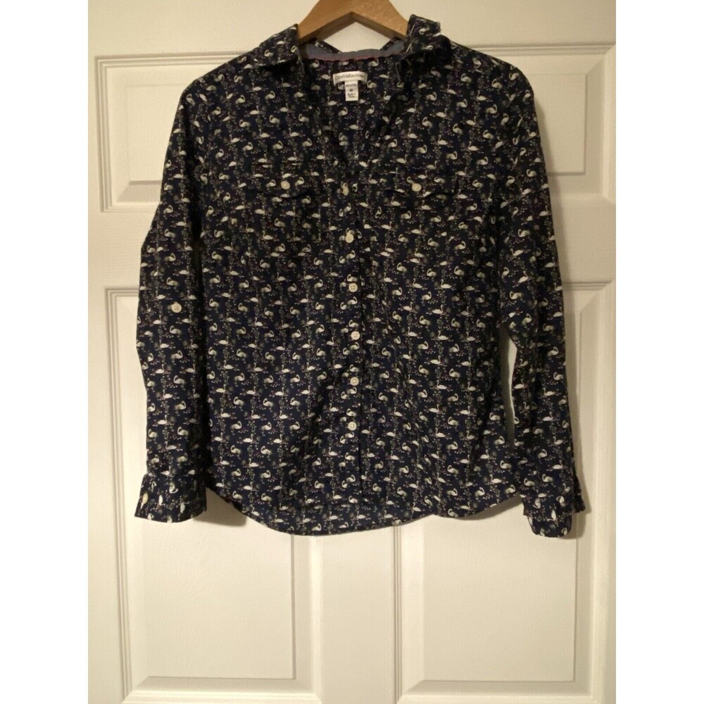 Croft & Barrow Women's Petite Medium Navy Blue Swans Print Button blouse Top